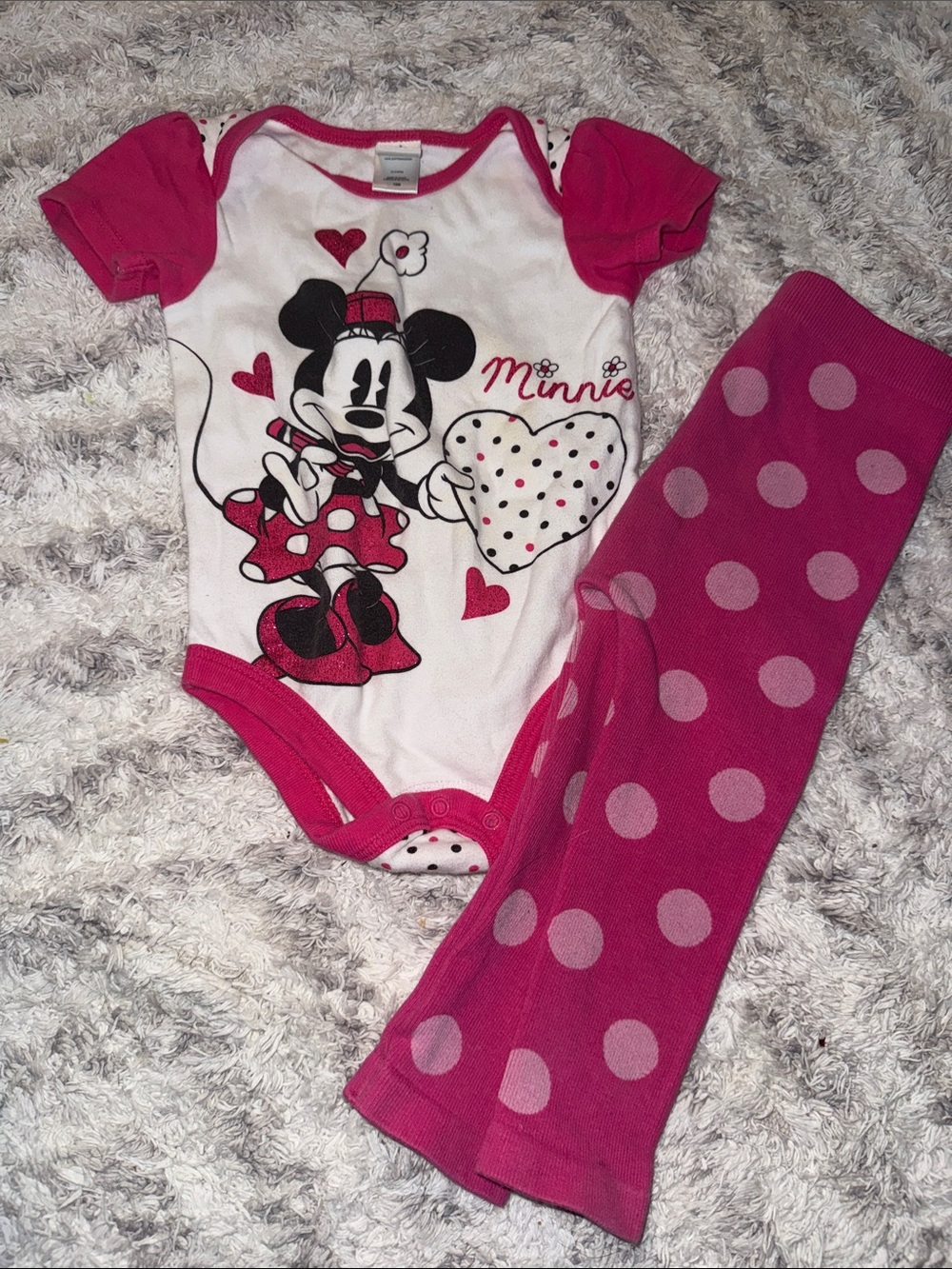 12-18m Disney Minnie Mouse Pink & White Baby Onesie with Polka Dot Pants